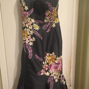 Jovani Black Strapless Prom Gown with Pink, Gold and Yellow Floral Appliqué